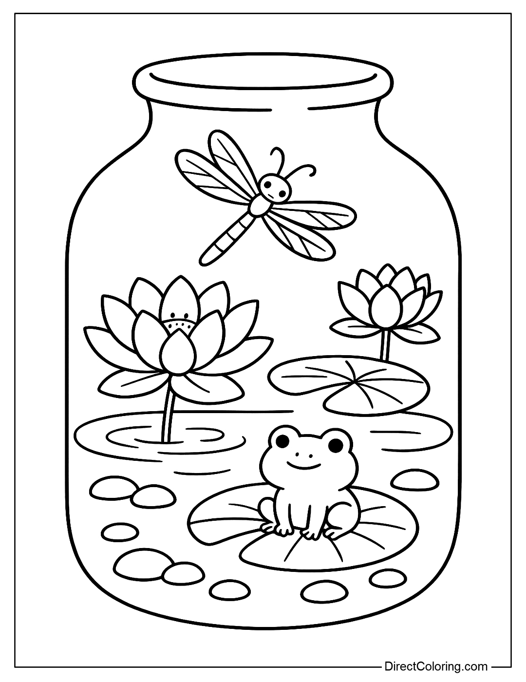 A dragonfly flies over a pond in a jar, with lotus flowers, small frogs, and pebbles